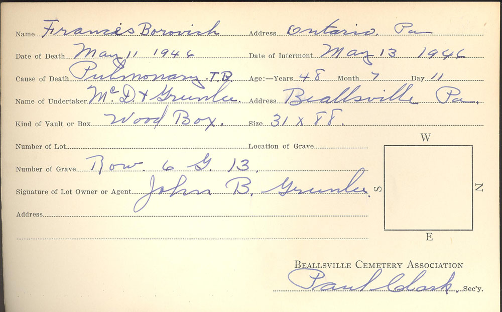 Frances Borovich burial card